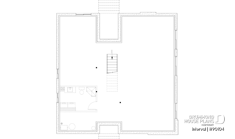 Unfinished basement - Environmentally friendly house plan, 1 to 4 beds, den, fireplace, mezzanine, optional finished basement ($) - Interval