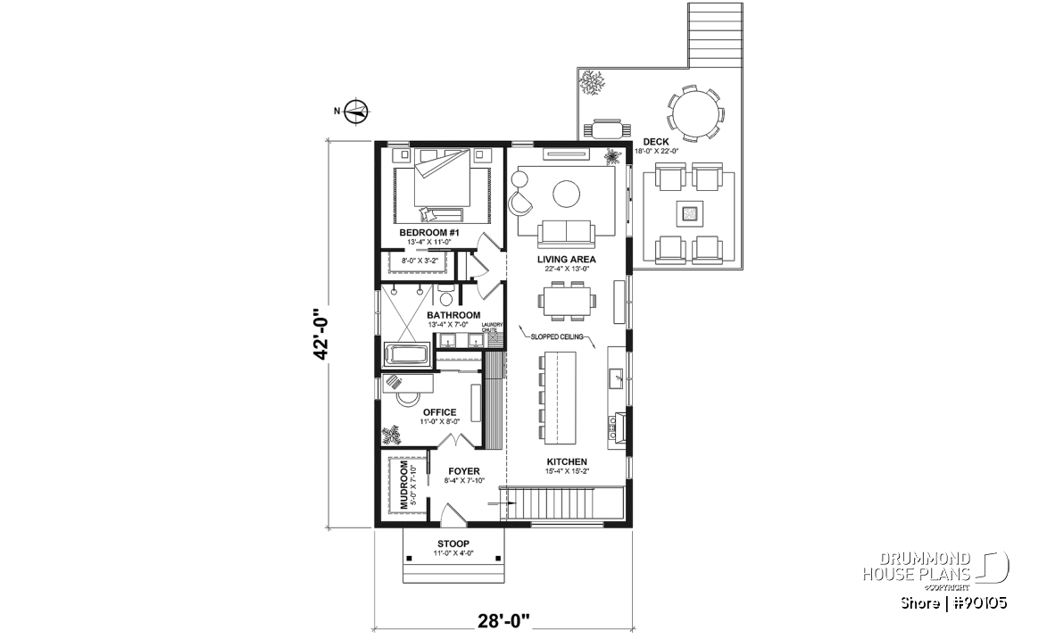 1st level - Scandinavian eco-friendly house plan, 1 to 4 bedrooms, large kitchen, office, optional basement finish ($) - Shore