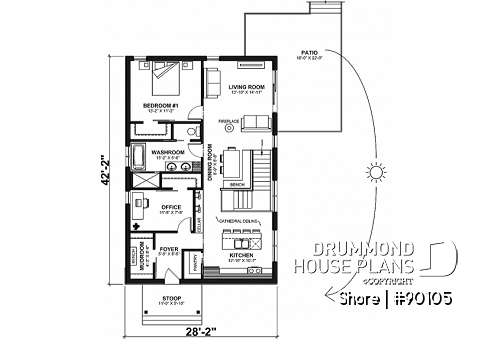 1st level - Ecological house plan with 3 bedrooms, small modern home, kitchen wine cellar and pantry, home office - Shore