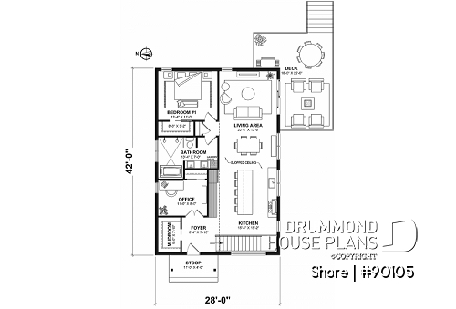 1st level - Ecological house plan with 3 bedrooms, small modern home, home office - Shore