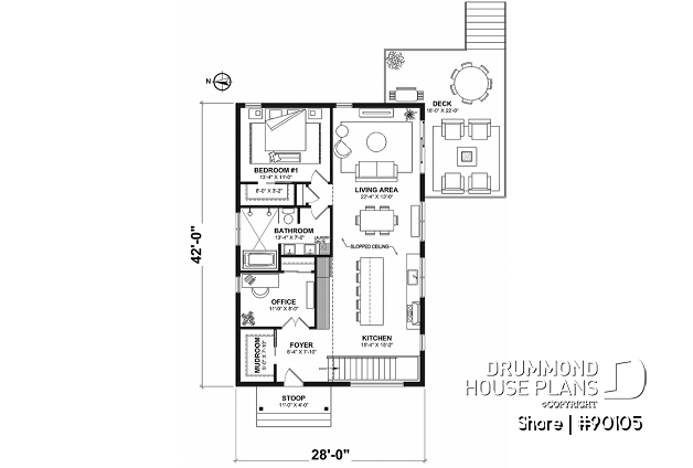 1st level - Ecological house plan with 3 bedrooms, small modern home, home office - Shore