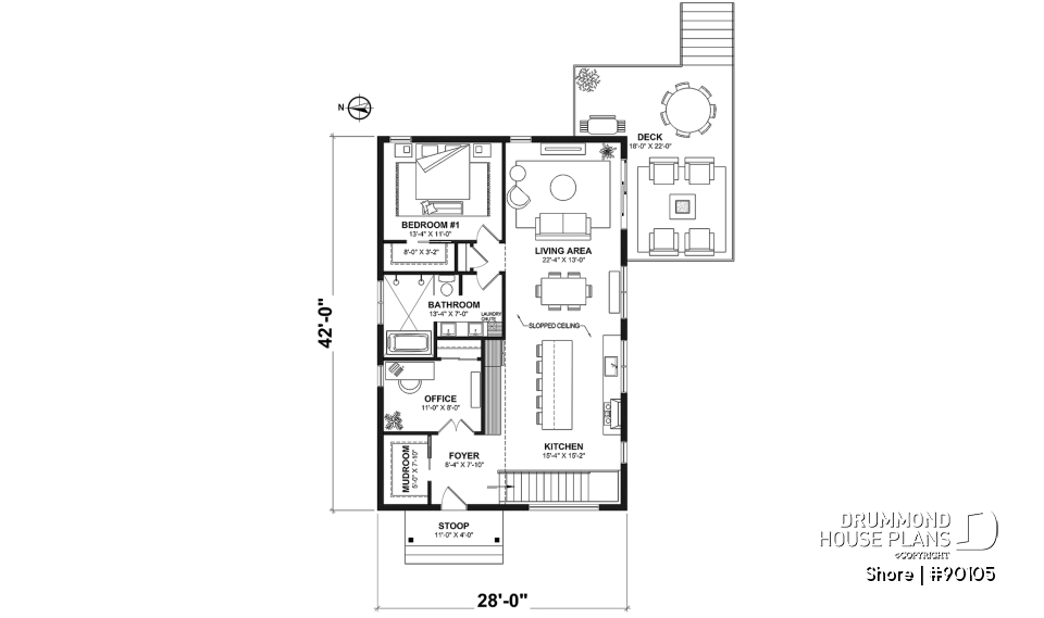 1st level - Scandinavian eco-friendly house plan, 1 to 4 bedrooms, large kitchen, office, optional basement finish ($) - Shore