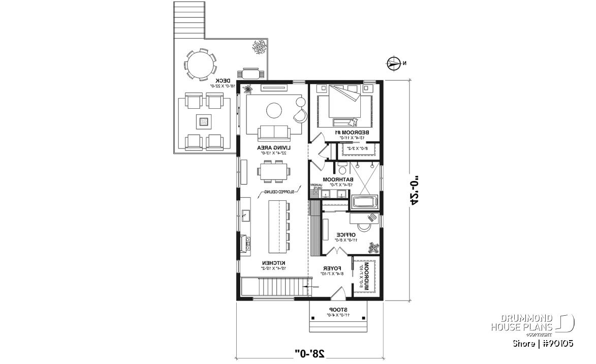 1st level - Scandinavian eco-friendly house plan, 1 to 4 bedrooms, large kitchen, office, optional basement finish ($) - Shore