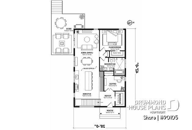 1st level - Scandinavian eco-friendly house plan, 1 to 4 bedrooms, large kitchen, office, optional basement finish ($) - Shore