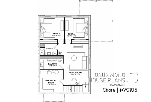 Finished basement - Scandinavian eco-friendly house plan, 1 to 4 bedrooms, large kitchen, office, optional basement finish ($) - Shore