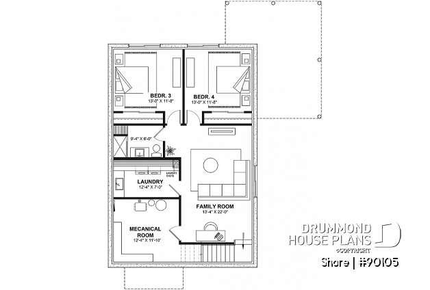 Finished basement - Ecological house plan with 3 bedrooms, small modern home, home office - Shore