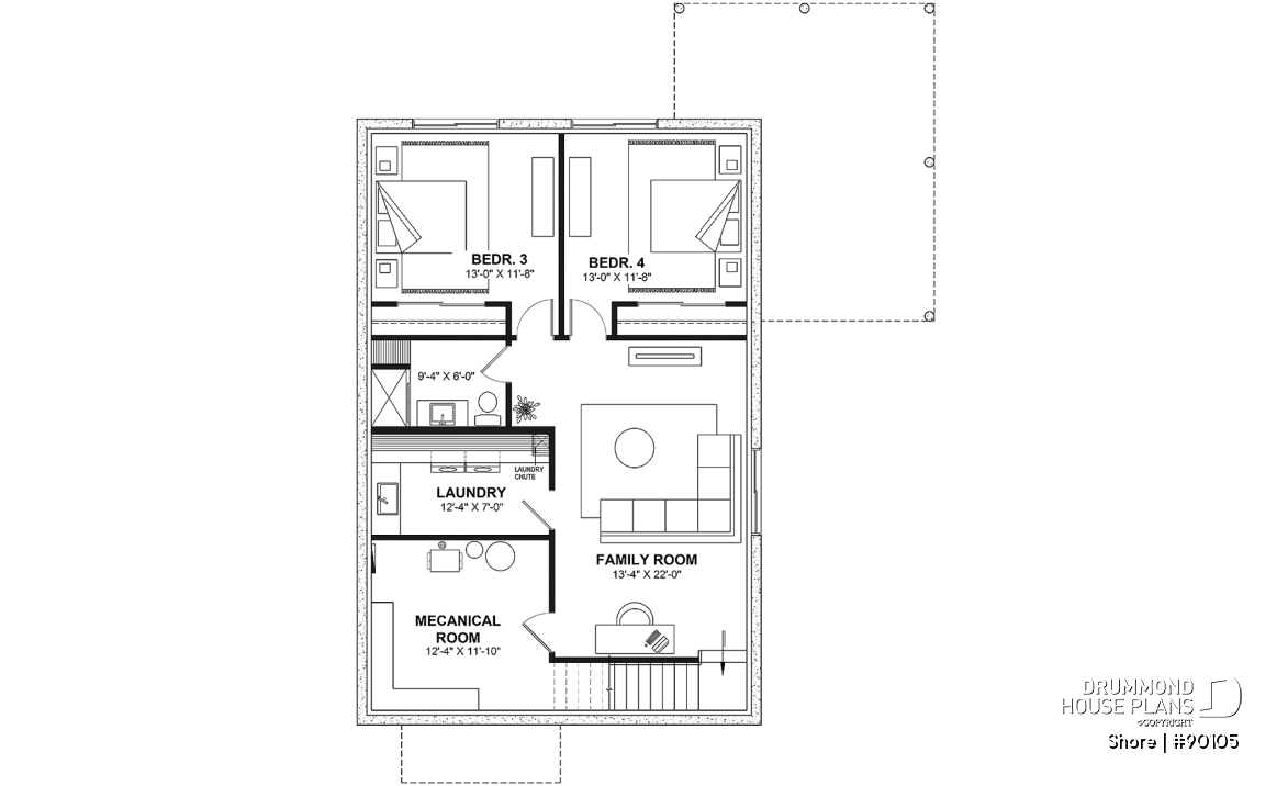 Finished basement (Optional $) - Scandinavian eco-friendly house plan, 1 to 4 bedrooms, large kitchen, office, optional basement finish ($) - Shore