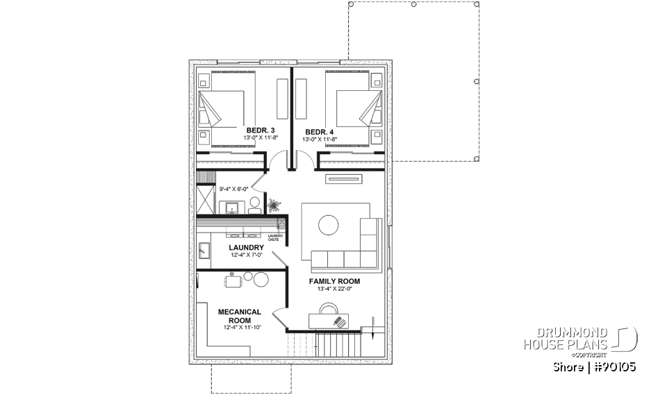 Finished basement (Optional $) - Scandinavian eco-friendly house plan, 1 to 4 bedrooms, large kitchen, office, optional basement finish ($) - Shore