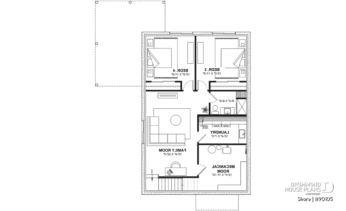 Finished basement (Optional $) - Scandinavian eco-friendly house plan, 1 to 4 bedrooms, large kitchen, office, optional basement finish ($) - Shore