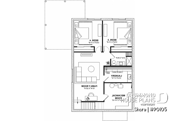 Finished basement (Optional $) - Scandinavian eco-friendly house plan, 1 to 4 bedrooms, large kitchen, office, optional basement finish ($) - Shore