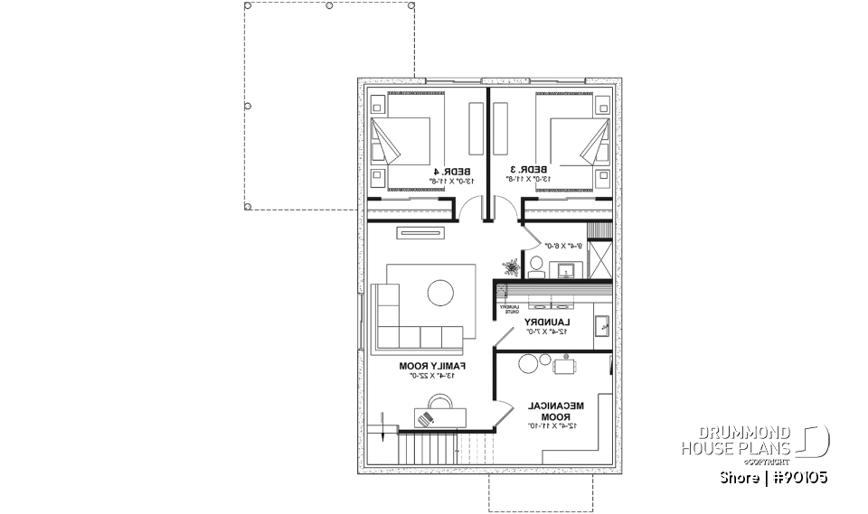 Finished basement (Optional $) - Scandinavian eco-friendly house plan, 1 to 4 bedrooms, large kitchen, office, optional basement finish ($) - Shore