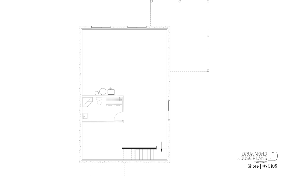 Unfinished basement - Scandinavian eco-friendly house plan, 1 to 4 bedrooms, large kitchen, office, optional basement finish ($) - Shore