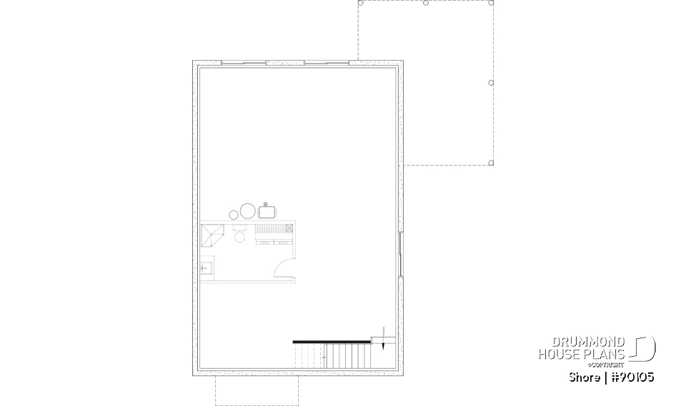 Unfinished basement - Scandinavian eco-friendly house plan, 1 to 4 bedrooms, large kitchen, office, optional basement finish ($) - Shore