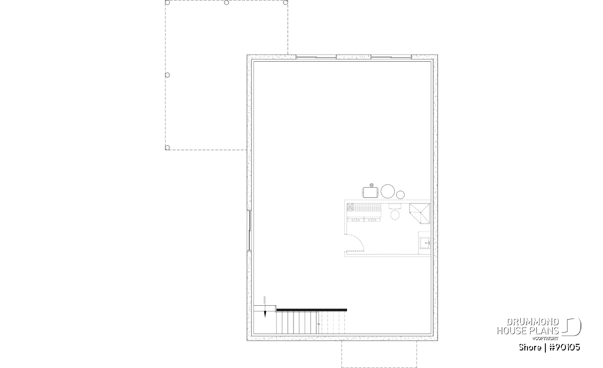 Unfinished basement - Scandinavian eco-friendly house plan, 1 to 4 bedrooms, large kitchen, office, optional basement finish ($) - Shore