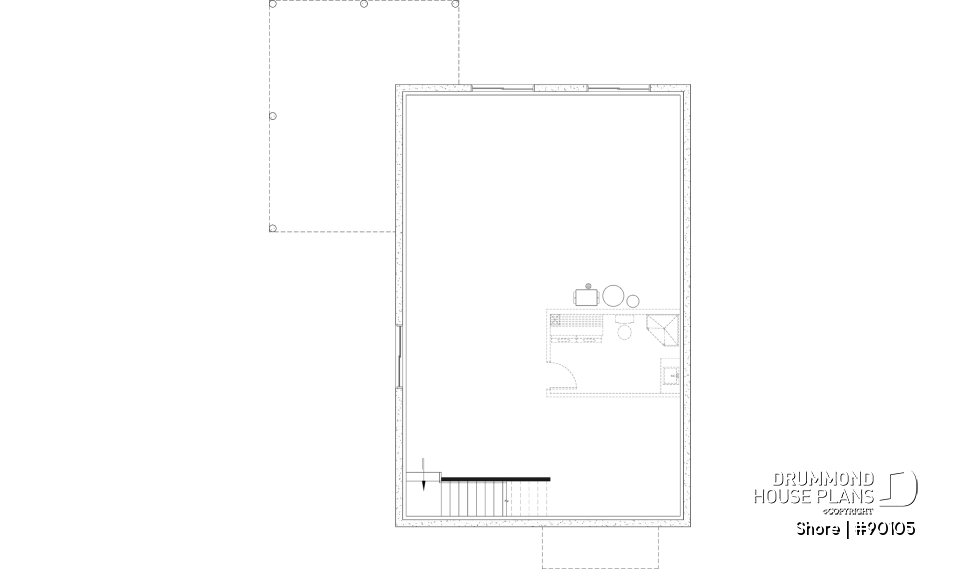 Unfinished basement - Scandinavian eco-friendly house plan, 1 to 4 bedrooms, large kitchen, office, optional basement finish ($) - Shore