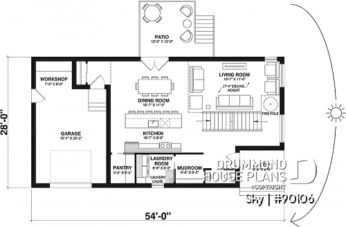 1st level - Contemporary cottage plan, 3 bedrooms, great kitchen, laundry on main floor, pantry, firemen pole - Sky