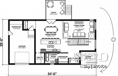 1st level - Contemporary cottage plan, 3 bedrooms, great kitchen, laundry on main floor, pantry, firemen pole - Sky