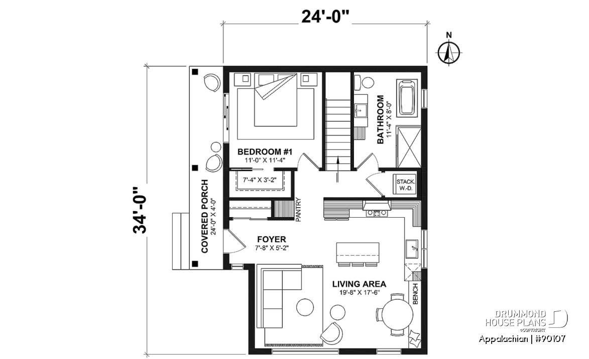 1st level - Side entrance, panoramic view at front, 1 to 3 beds, covered side porch, optional finished basement ($) - Appalachian