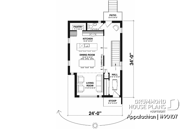 1st level - House plan with 2 bedrooms in finished basement, kitchen, dining and living rooms are on main floor  - Appalachian