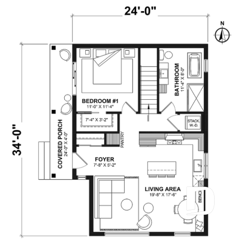 1st level - Side entrance, panoramic view at front, 1 to 3 beds, covered side porch, optional finished basement ($) - Appalachian