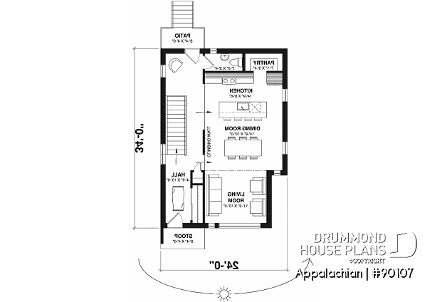 1st level - House plan with 2 bedrooms in finished basement, kitchen, dining and living rooms are on main floor  - Appalachian