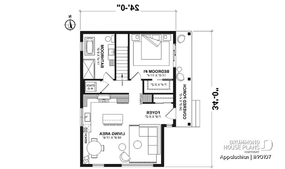 1st level - Side entrance, panoramic view at front, 1 to 3 beds, covered side porch, optional finished basement ($) - Appalachian