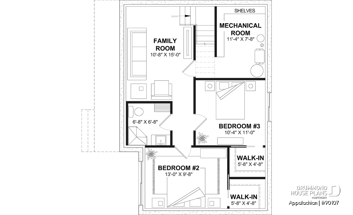 Unfinished basement (Optional $) - Side entrance, panoramic view at front, 1 to 3 beds, covered side porch, optional finished basement ($) - Appalachian