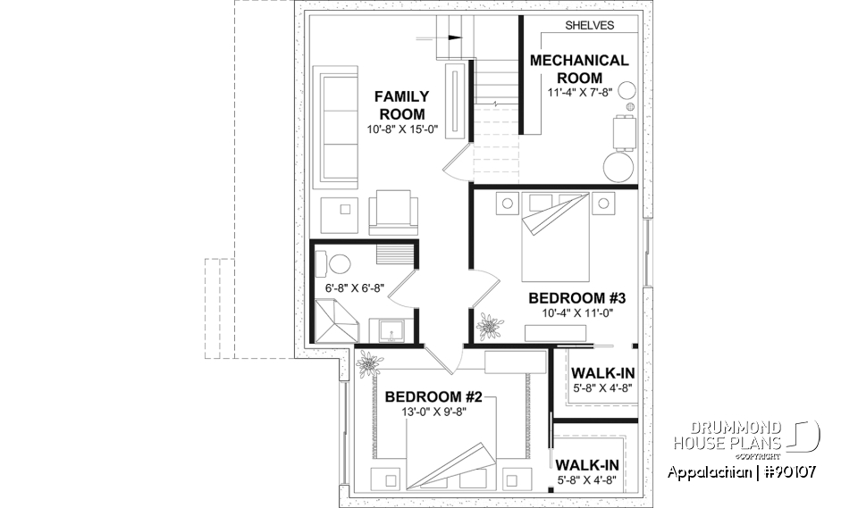 Unfinished basement (Optional $) - Side entrance, panoramic view at front, 1 to 3 beds, covered side porch, optional finished basement ($) - Appalachian