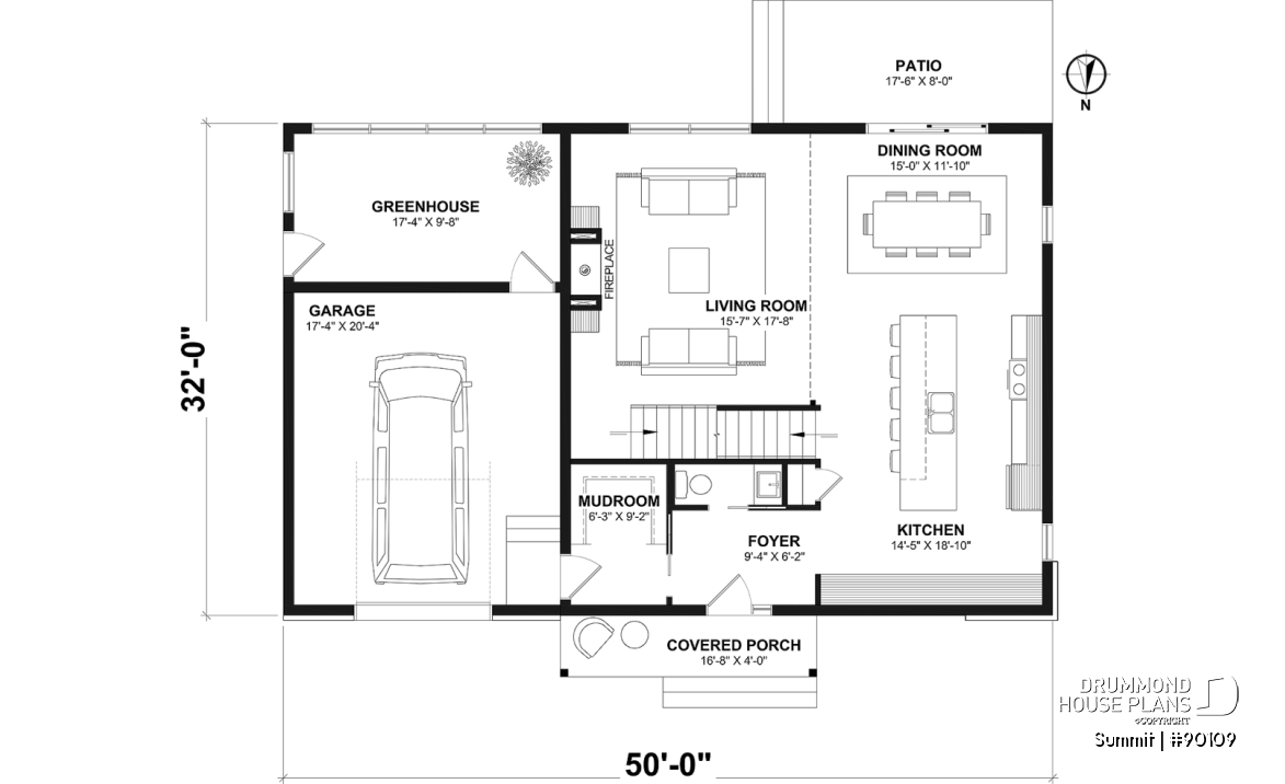 1st level - Modern eco-friendly house plan with a greehouse and a private master bedroom and home office on second floor - Summit