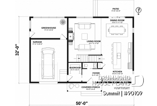 1st level - Modern eco-friendly house plan with a greehouse and a private master bedroom and home office on second floor - Summit