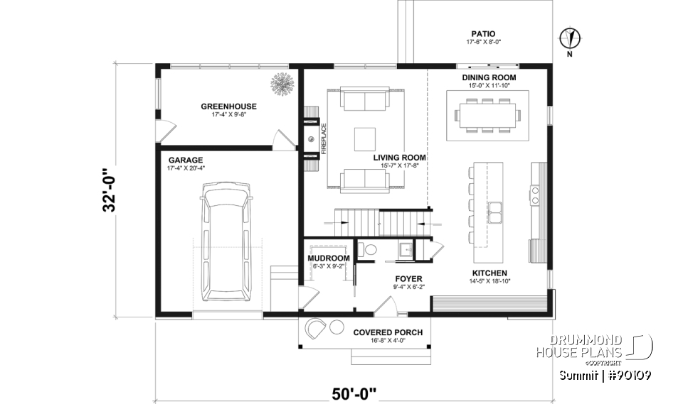 1st level - Modern eco-friendly house plan with a greehouse and a private master bedroom and home office on second floor - Summit