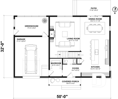 1st level - Modern eco-friendly house plan with a greehouse and a private master bedroom and home office on second floor - Summit