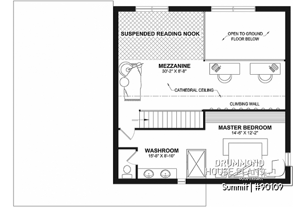 2nd level - Cool house plan with a suspended reading nook above living room and a climbing wall on 2nd floor - Summit