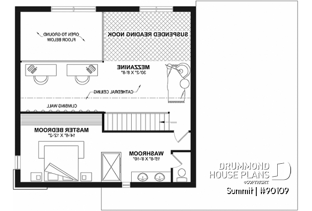 2nd level - Cool house plan with a suspended reading nook above living room and a climbing wall on 2nd floor - Summit