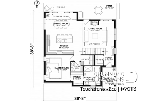 1st level - Cottage house plan offering panoramic view, master bedroom on the ground floor and cathedral ceiling - Touchstone - Eco