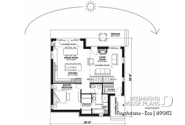 1st level - Cottage house plan offering panoramic view, master bedroom on the ground floor and cathedral ceiling - Touchstone - Eco