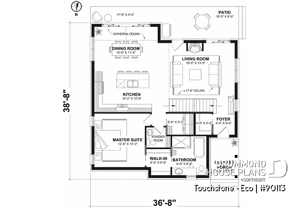 1st level - Cottage house plan offering panoramic view, master bedroom on the ground floor and cathedral ceiling - Touchstone - Eco