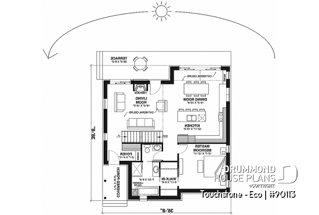 1st level - Cottage house plan offering panoramic view, master bedroom on the ground floor and cathedral ceiling - Touchstone - Eco