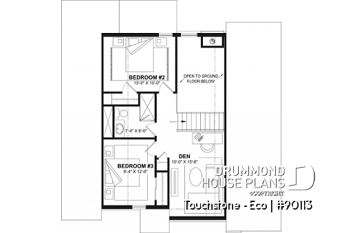 2nd level - Cottage house plan offering panoramic view, master bedroom on the ground floor and cathedral ceiling - Touchstone - Eco