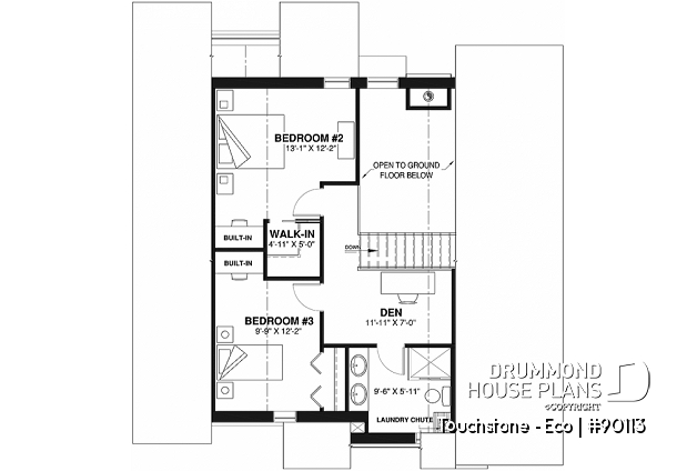 2nd level - Cottage house plan offering panoramic view, master bedroom on the ground floor and cathedral ceiling - Touchstone - Eco