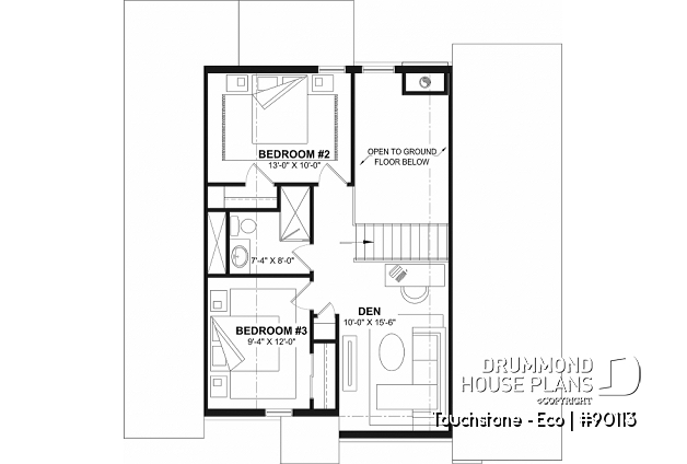 2nd level - Cottage house plan offering panoramic view, master bedroom on the ground floor and cathedral ceiling - Touchstone - Eco