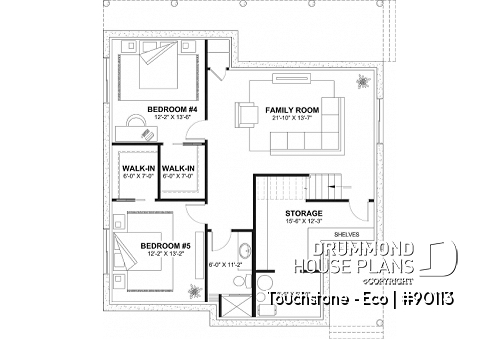 Finished basement - Cottage house plan offering panoramic view, master bedroom on the ground floor and cathedral ceiling - Touchstone - Eco