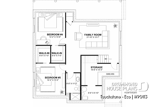 Finished basement - Cottage house plan offering panoramic view, master bedroom on the ground floor and cathedral ceiling - Touchstone - Eco