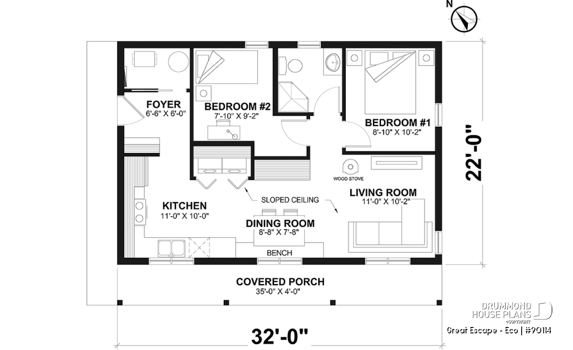1st level - Budget-friendly and eco-friendly cabin house plan with panoramic view and 2 bedrooms - Great Escape - Eco