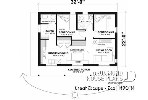 1st level - Small and eco-friendly chalet house plan for 6 people, open area, panoramic view - Great Escape - Eco