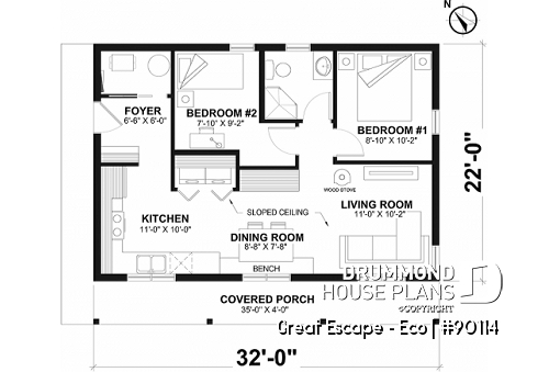 1st level - Small and eco-friendly chalet house plan with open area, panoramic view - Great Escape - Eco