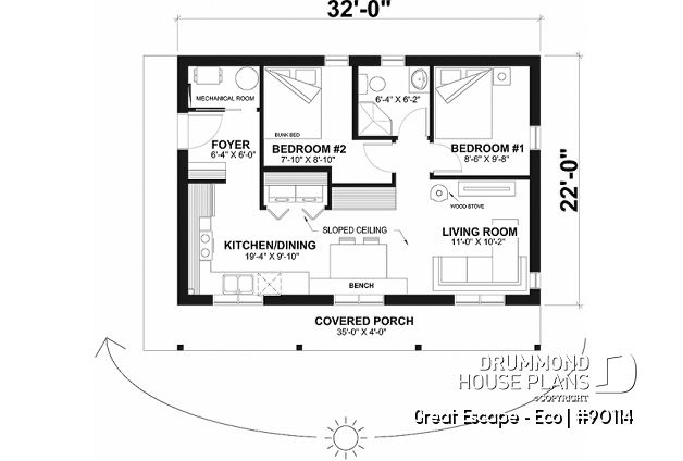 1st level - Small and eco-friendly chalet house plan for 6 people, open area, panoramic view - Great Escape - Eco