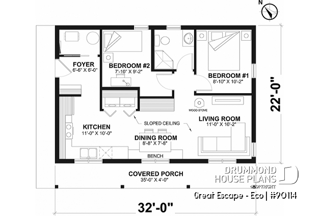 1st level - Small and eco-friendly chalet house plan with open area, panoramic view - Great Escape - Eco