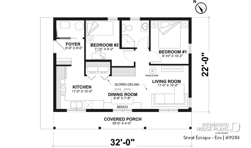 1st level - Budget-friendly and eco-friendly cabin house plan with panoramic view and 2 bedrooms - Great Escape - Eco