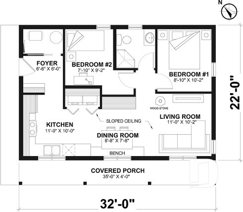 1st level - Budget-friendly and eco-friendly cabin house plan with panoramic view and 2 bedrooms - Great Escape - Eco